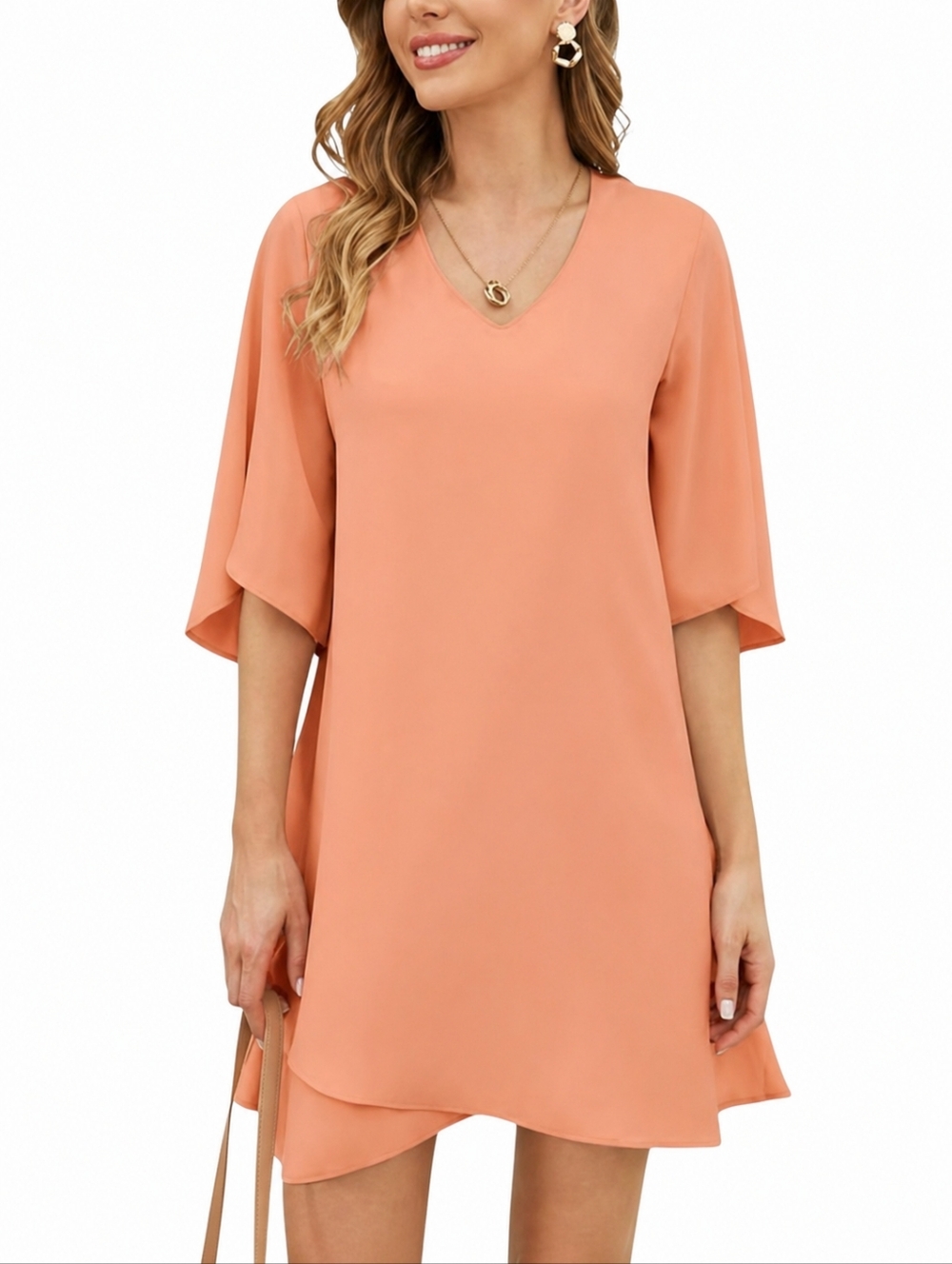 Flowy Mini Dress Bell Sleeves Ruffle Layer Hem Modern Shift Tangerine Size S NEW
